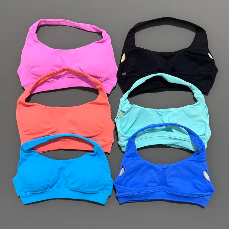 Histello Sports Bra Women Seamless Halter Clothes Neck Strap Padded Yoga Top Gym Backless Bra Running Sportswear Workout Tops - ATFH