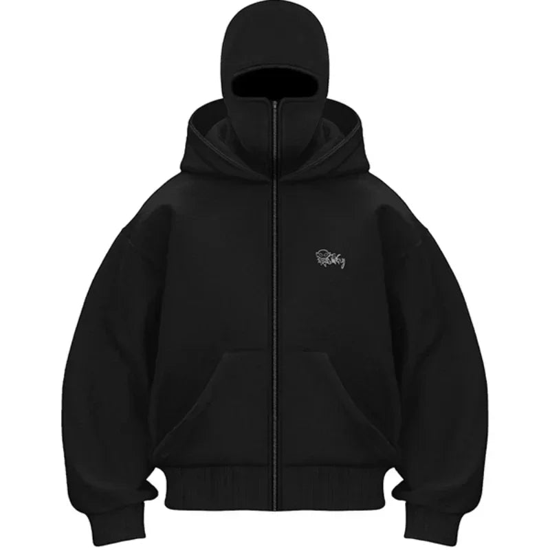 Balaclava Men Zip Hoodie Winter Warm Casual Sweatshirt Y2K with Hooded Face Mask Zipper Design Sports Jacket Outdoor Activities - ATFH