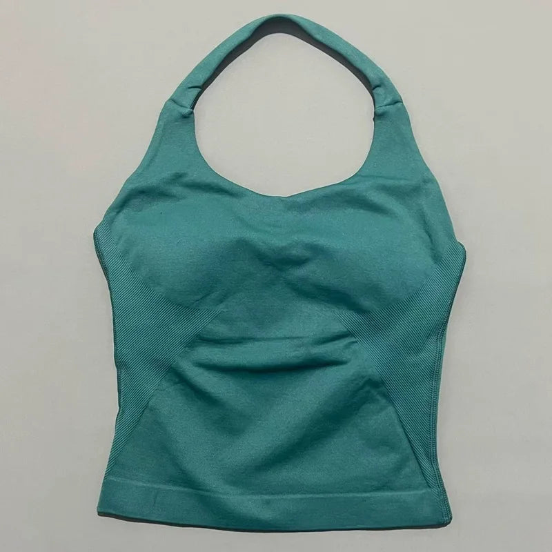 Sports Gym Halter Top Woman Seamless Yoga Tank Removable Chest Pad Push-up Sports Vest Fitness Workout Running Tops - ATFH