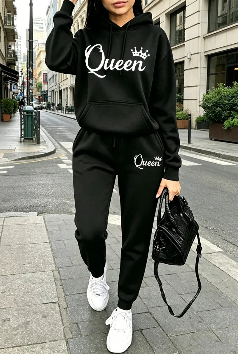 Queen Printing Autumn Winter Women's Outfits Casual Hooded Sweatshirts Outdoors Sports Jogging Clothes 2026 Single Hoodie Pants