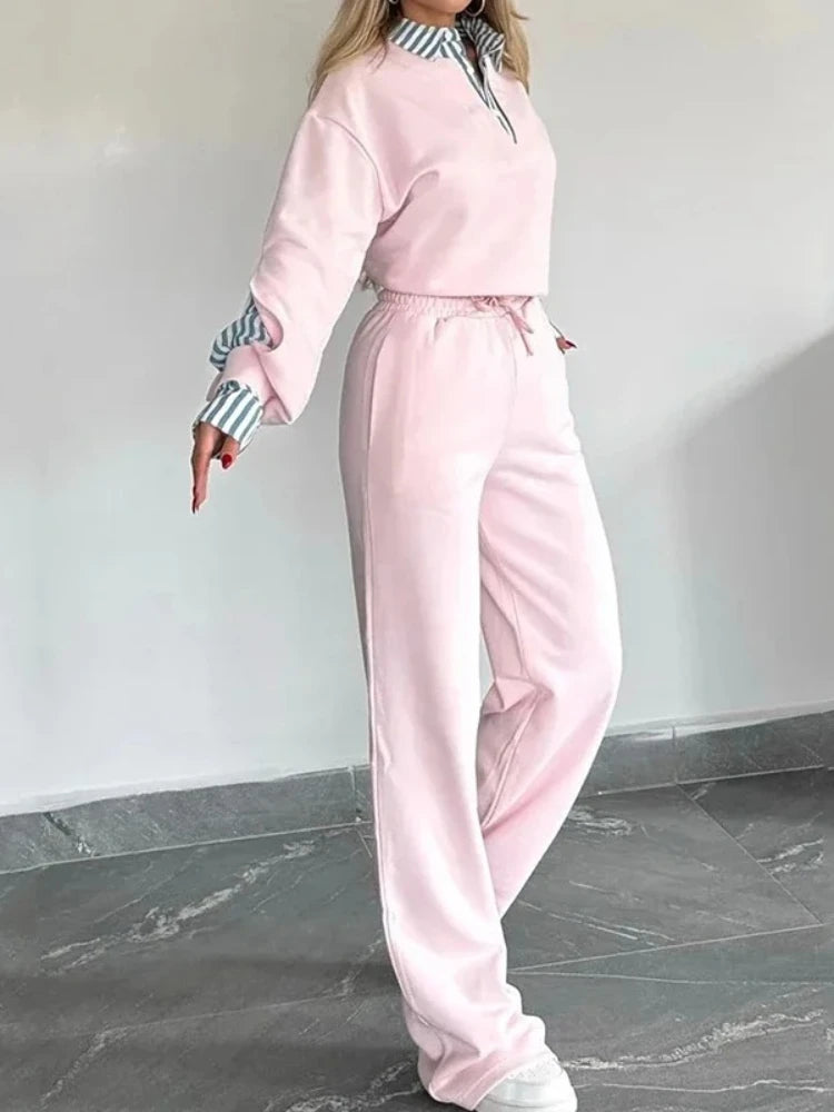 Casual Pink Sports Pants Set Women Hooded Pullover Long Sleeve Top Elastic Waist Drawstring Straight Trousers Autumn Outfits