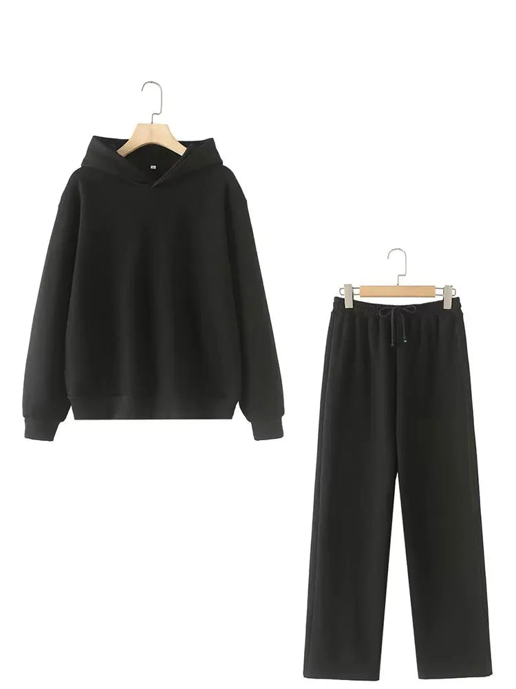 Women Solid Casual Sweatshirt Pant Suit Long Sleeve Hooded Fleece Pullover Coat Loose Straight Trousers Office Lady Sets