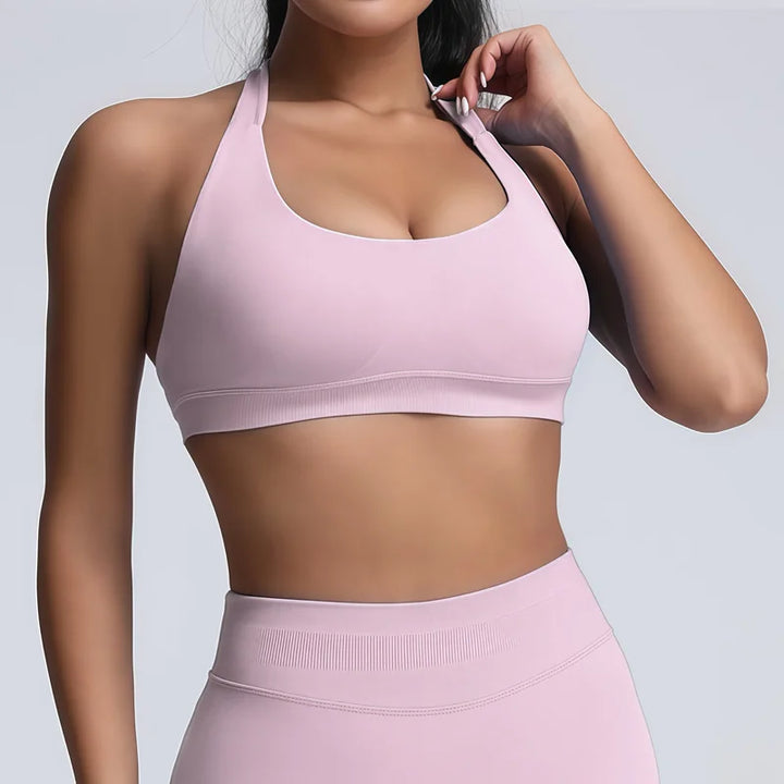 HISTELLO Women Seamless Halter Top Sports Bra High Support Push-up Open Back Pilates Gym Wear Fitness Yoga Workout Underwear - ATFH