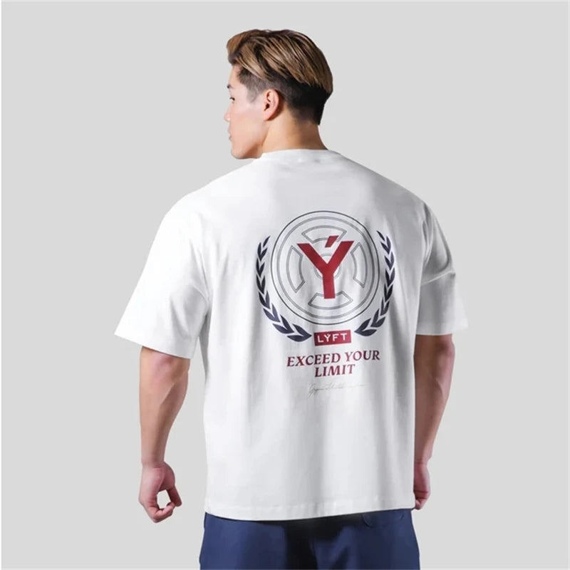 LYFT 210G 100% Cotton Fashion Fitness Sports Short Sleeve Men's Loose T-shirt Summer Workout Casual O-neck Running Tees Tops ATFH