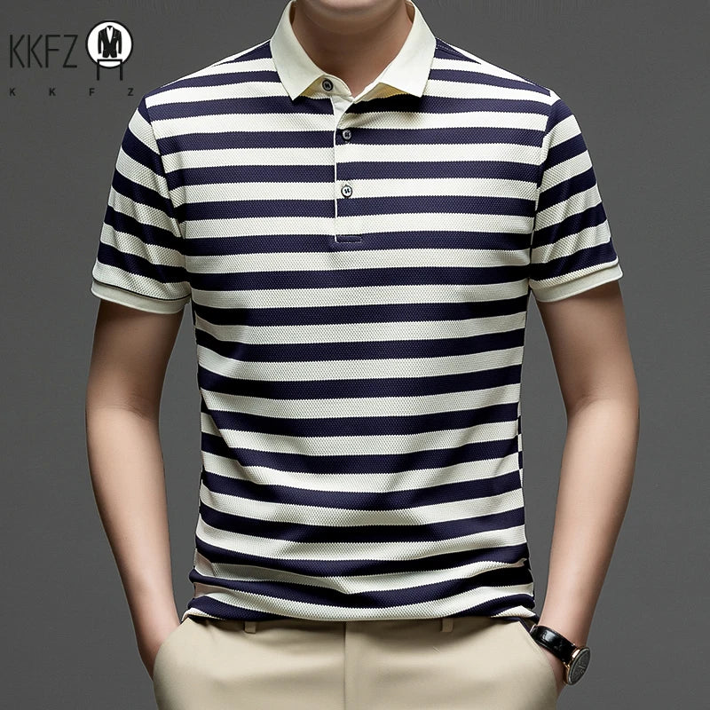 Mens Summer Striped Polo Shirt Short Sleeve Lightweight Breathable Collared Casual Top For Men