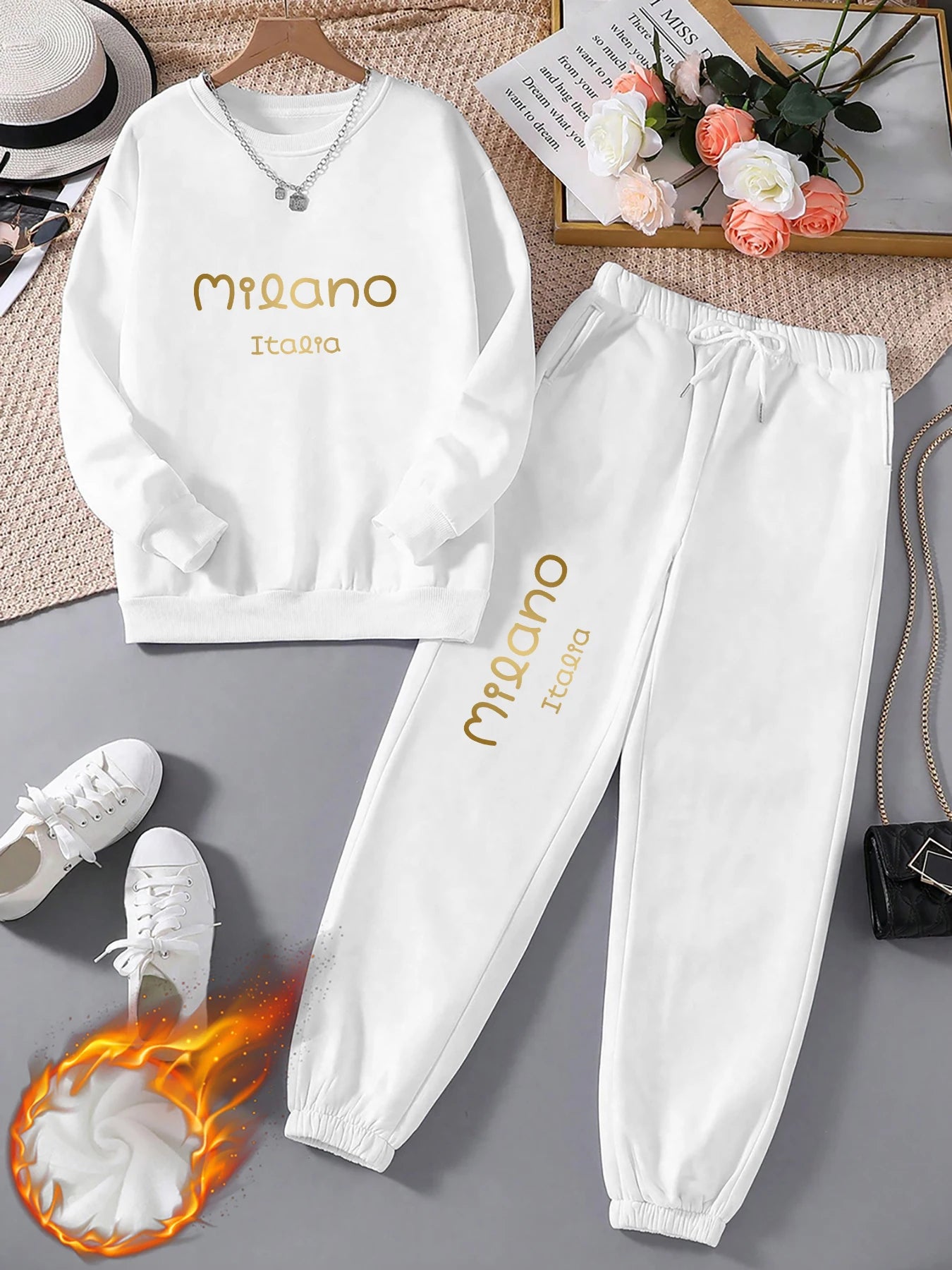 Autumn and Winter Essential Fleece-Lined Thickened Crewneck Sweatshirt Set, European and American Trendy Couple's Sweatshirt and Sweatpants Two-Piece Set, Women's Loose Oversize Sweatshirt + Long Pants, Long-Sleeve Regular Fi