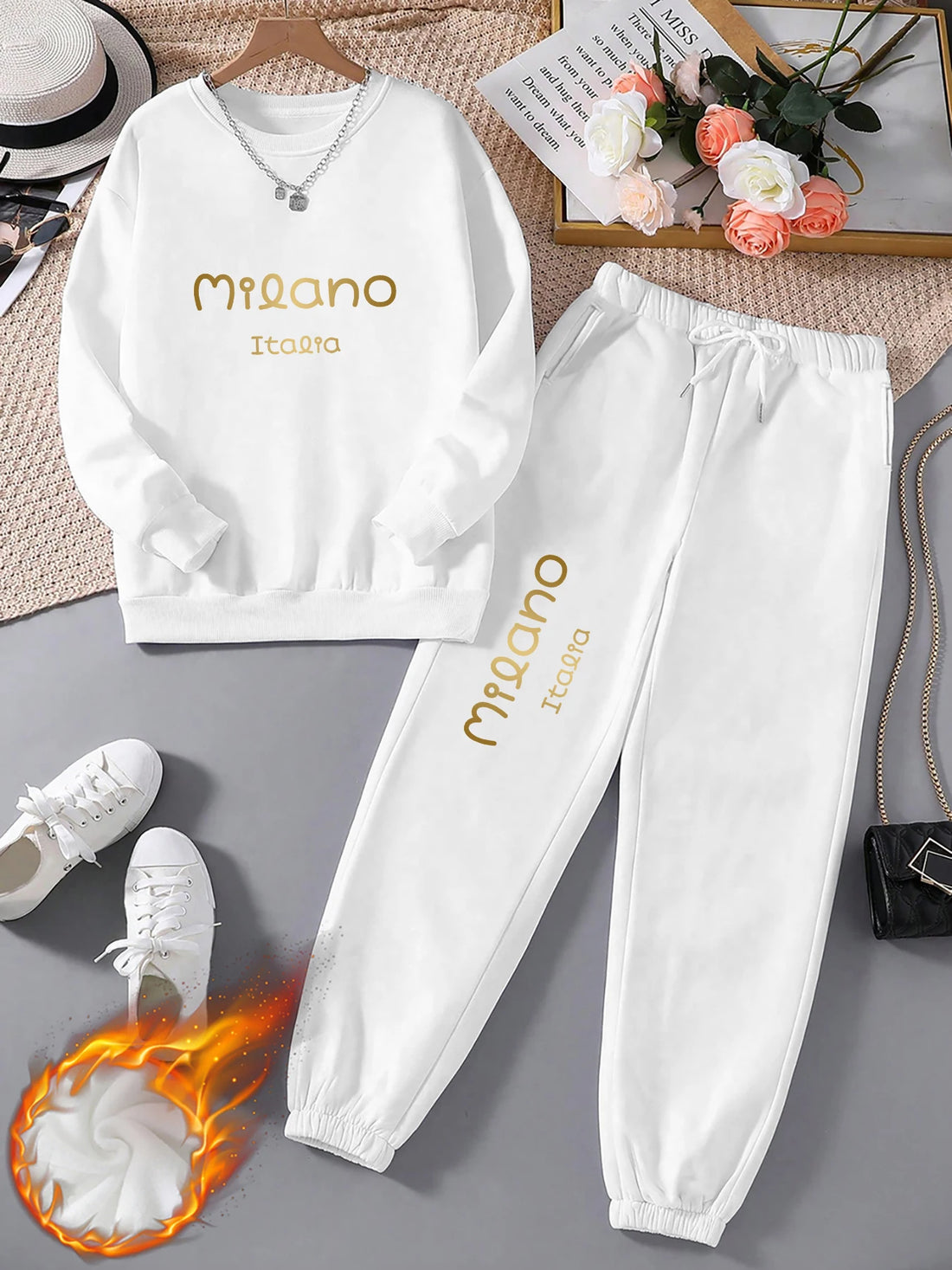 Autumn and Winter Essential Fleece-Lined Thickened Crewneck Sweatshirt Set, European and American Trendy Couple's Sweatshirt and Sweatpants Two-Piece Set, Women's Loose Oversize Sweatshirt + Long Pants, Long-Sleeve Regular Fi