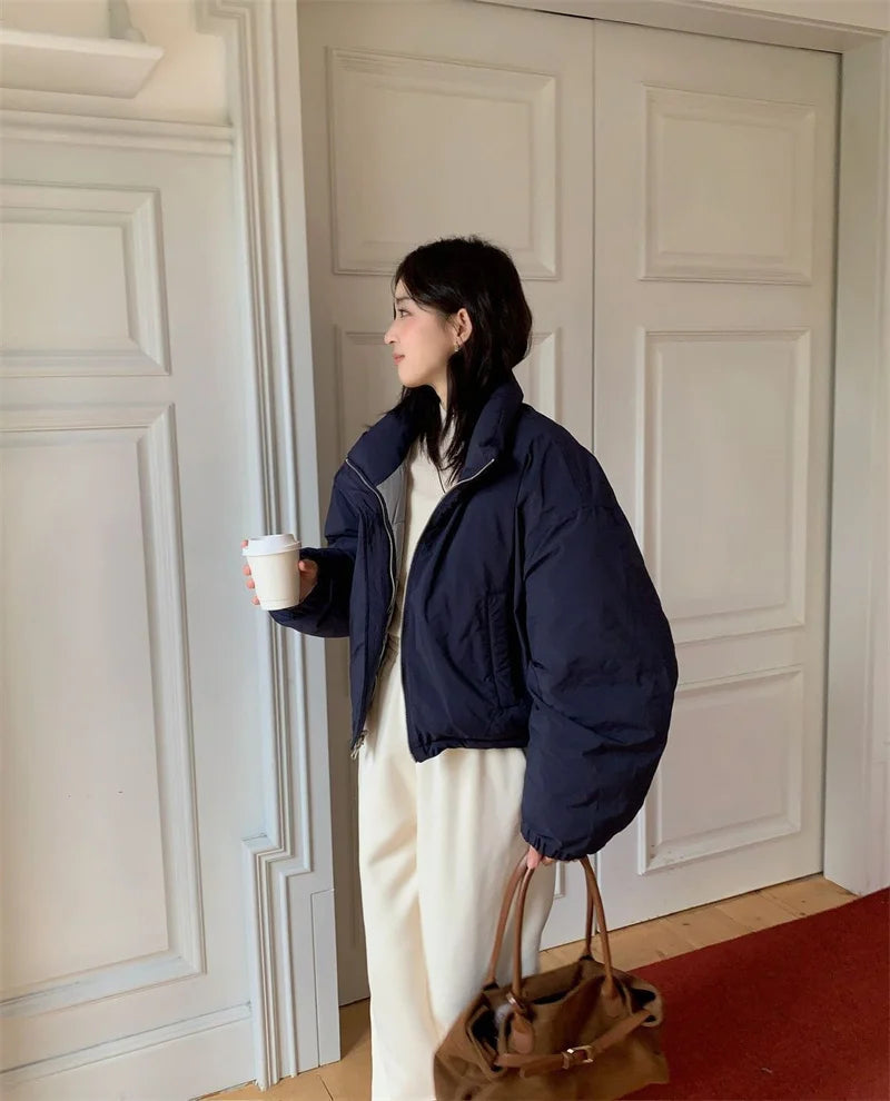 Wearing Down Cotton Jacket onBoth sSides, Women's Short Style Stand up Collar Cotton Jacket for Small People,  Contrasting Color ATFH