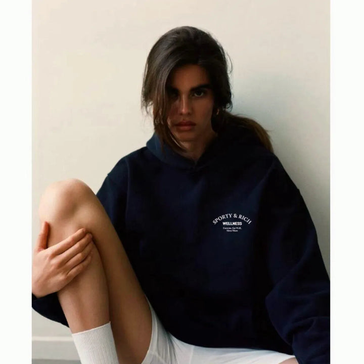 Sport Make You Health American Vintage Women Oversize Navy Cotton Hoodies 90's Street Fashion Autumn Casual Hooded Sweatshirts - ATFH
