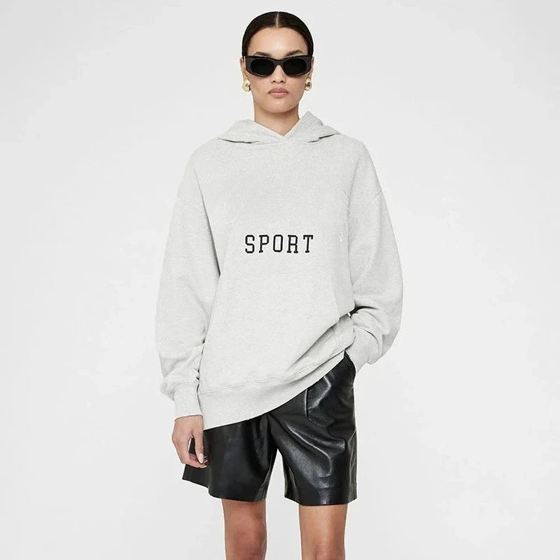 North America Style Women's Oversized Hoodie Sweatshirt Grey Color Classic Letter Print Streetwear Trendy Autumn Spring New - ATFH