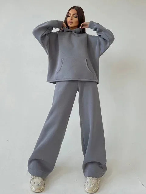 2025 New Autumn Winter Hooded Pocket Loose Sweatshirt Set Women Multi Color Options Casual Sport Two Piece Outfit