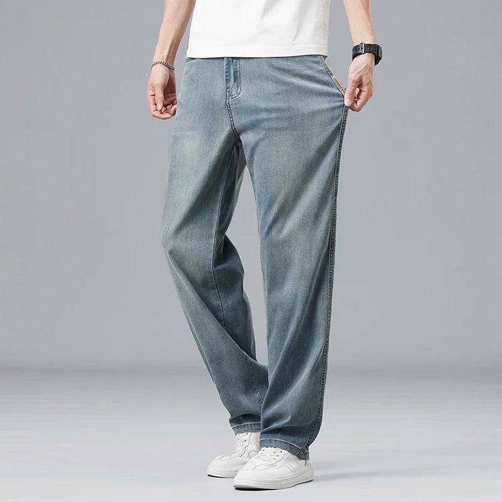 Summer Ultra-thin Lyocell Men's Jeans Drape Soft Fabric Loose Straight Casual Denim Pants Elastic Ice Silk Male Trousers ATFH