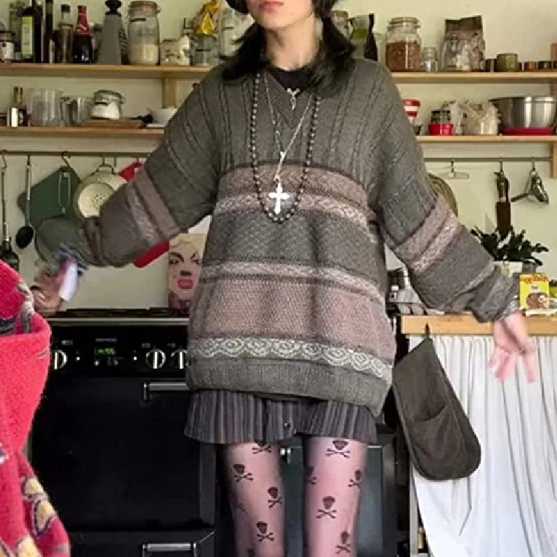 Dourbesty 2000s Vintage Sweater Y2K Women Casual Striped Long Sleeve Round Neck Preppy Style Pullover Tops Retro Grunge Knitwear - ATFH