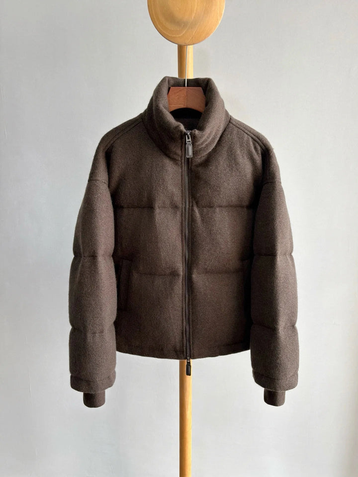 Classic beige gray brown cashmere warm jacket fashionable round-neck zipper fluffy white goose down jacket women's coat ATFH