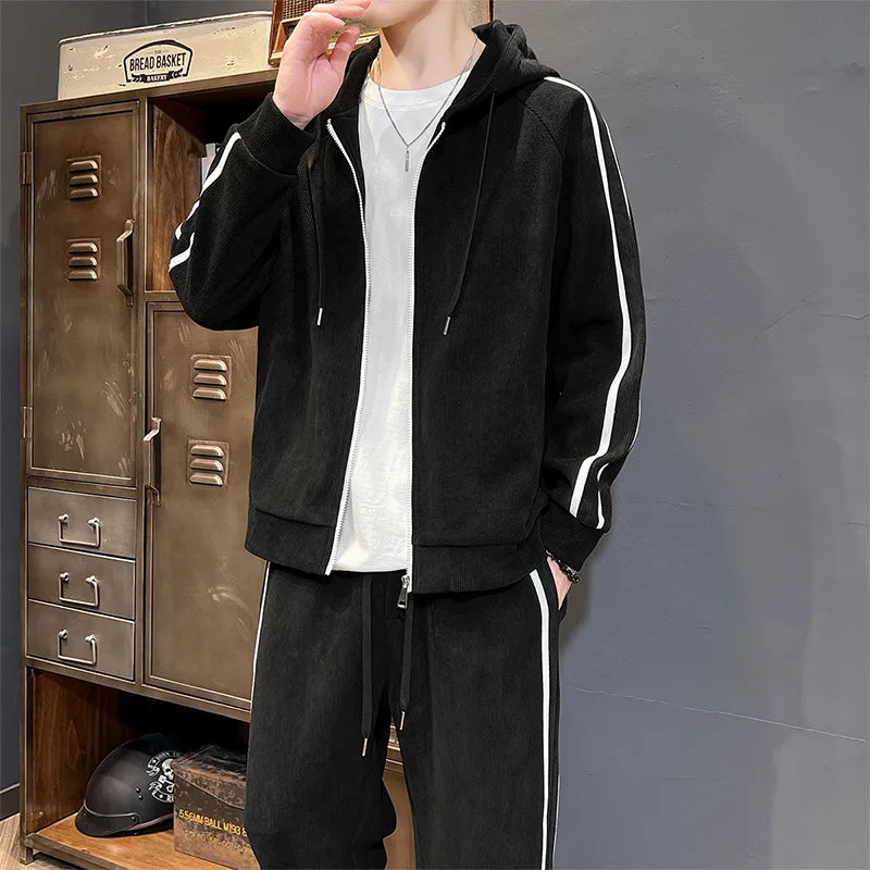 Big Size 8xl 7xl Corduroy Men's Tracksuit Set Black Hoodie Pants 2pcs Suits Autumn Winter Jacket Hooded Oversize Sportswear Man - ATFH