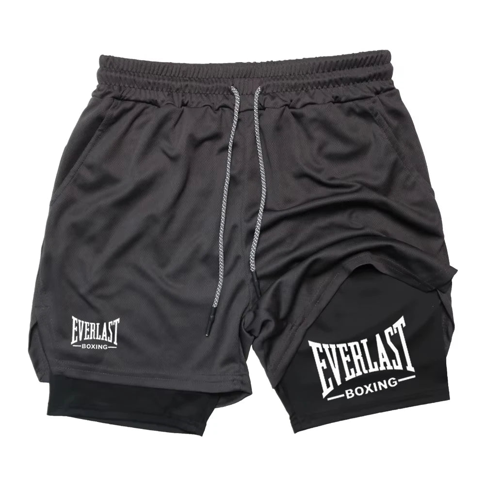 Men's Compression Gym Shorts, EVERLAST Printed Sports Pants, Double Layered, Quick Drying, Basketball, Muscle, Fitness RL0365
