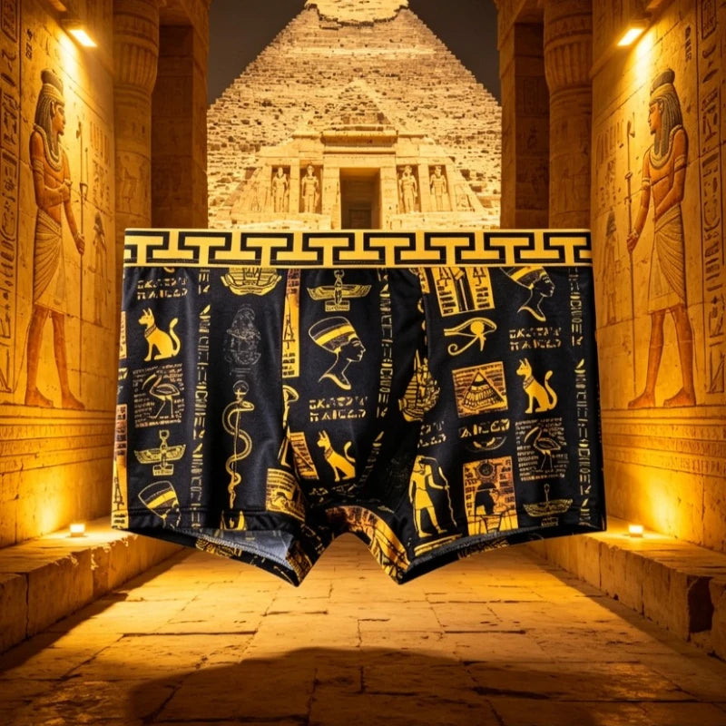 Mens Egyptian Gold Black Boxer Briefs Luxury Greek Key Pattern Party Rave Outfit Underwear for Trendsetters Cool Festival Shorts