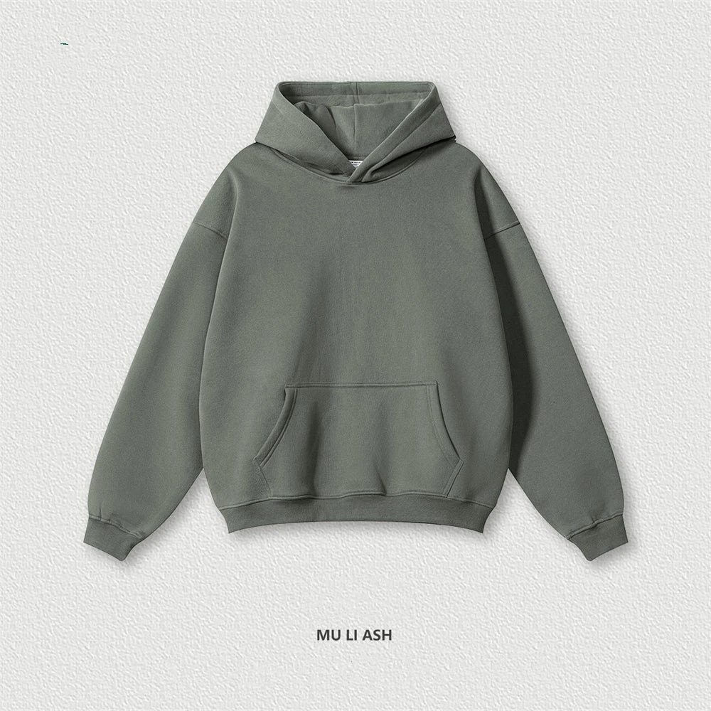 Autumn Winter Men 345gsm Fleece Hoodies Unisex Women Relax Fit Warm Solid Hooded Pullovers Sweatshirts HY0863 - ATFH