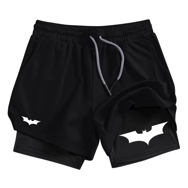 Bat Print 2 in 1 Performance Shorts for Men Athletic Breathable Quick Dry Shorts with Phone Pocket Gym Workout Running