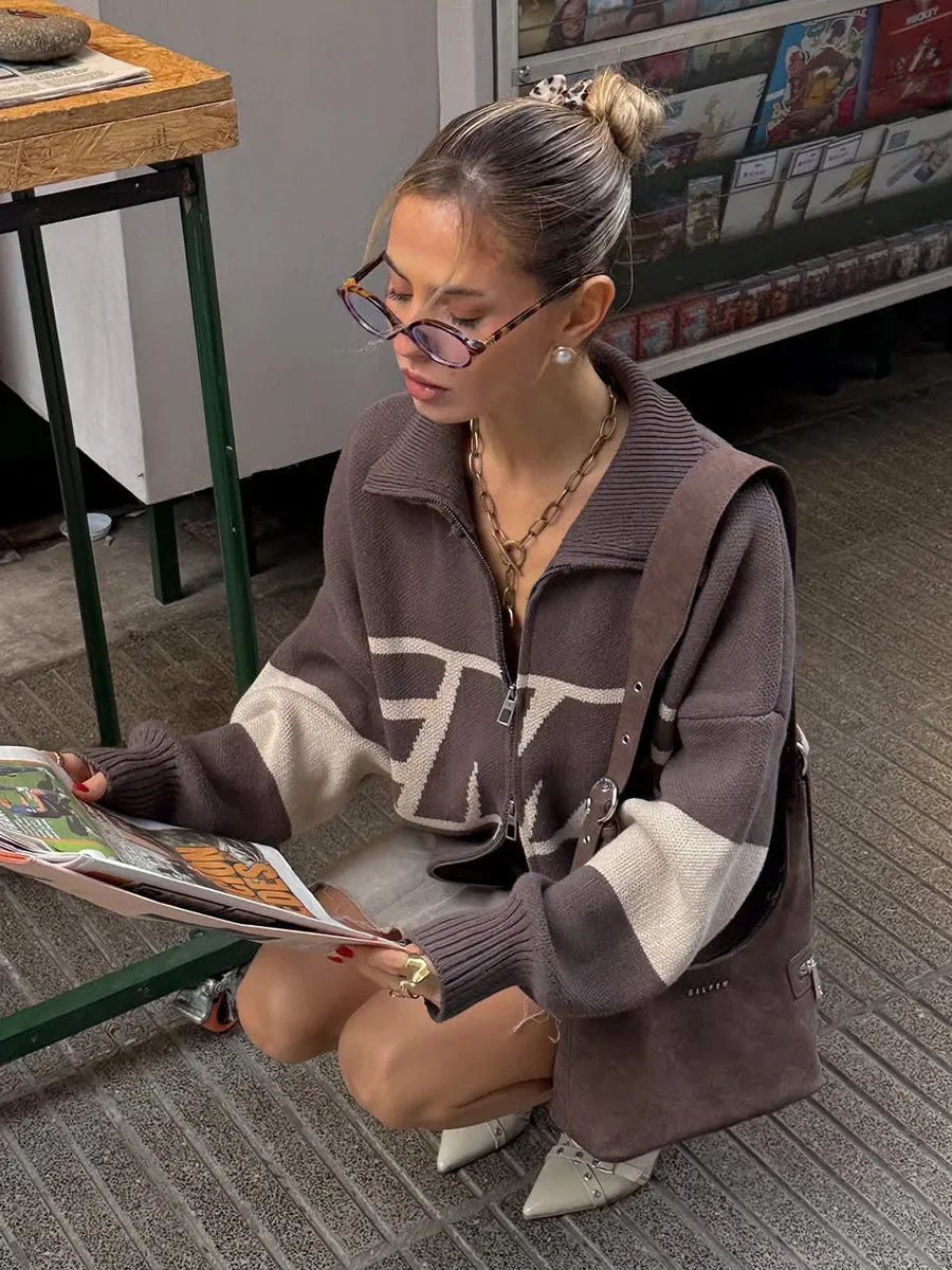 Blubelle New Autumn Winter Women's Knit Sweater Cardigan Collar Design Loose Letter Print Fit Lazy Style Jumpers - ATFH