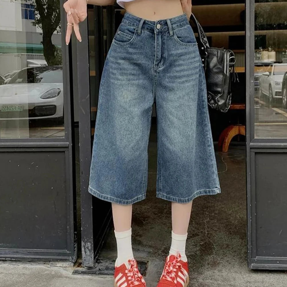 Summer American Style Vintage Women Baggy Jeans Y2k Loose Washed High Waist Knee Length Denim Pants Streetwear Wide Leg Shorts ATFH