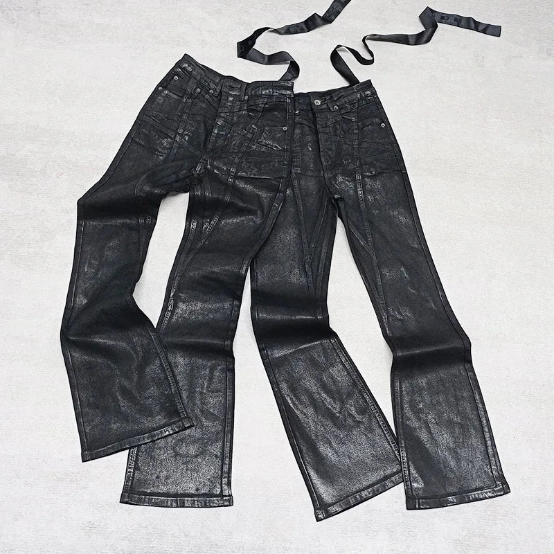 RO Style Wax Pants Men's Handmade Brushed Wax Pentagram Wax Surface Coating Horn High Elasticity Jeans Pant Dark ATFH