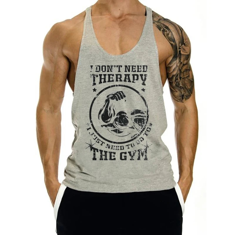 Men's "I don't need therapy, just the gym" Muscle Graphics Stringer Vest-Sleeveless Fitness, Bodybuilding and Plus Size Exercise