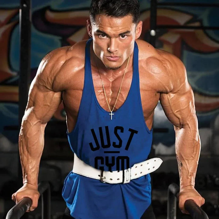 Blue stringer tank top for bodybuilding with JUST GYM print
