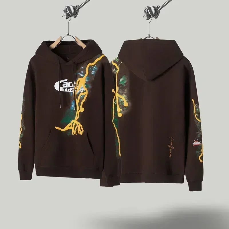 American Street Winter Cactus Jack Hoodie Letter Print Hooded Sweatshirts Casual Loose Fleece Hoodys Men Women Tops - ATFH