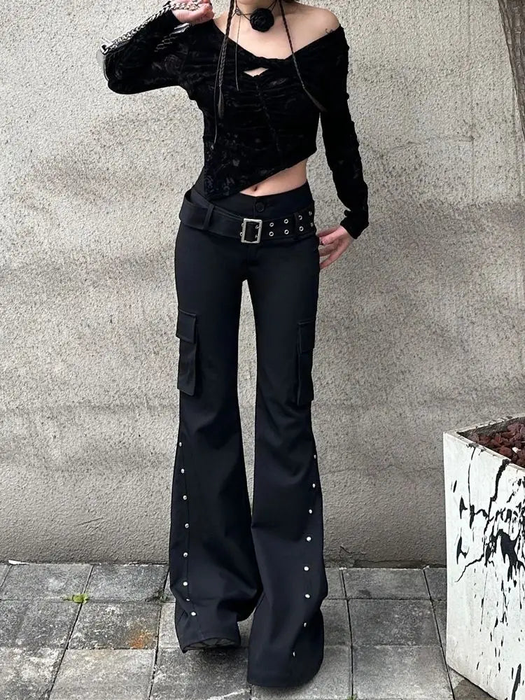 Retro new pure black rivet design belt decorative slim pants for women y2k Harajuku Goth low-waisted flared pants ATFH