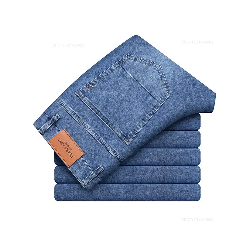 Summer Thin Men's Elastic Cotton Jeans Fashion Gray Comfortable Business Straight Casual Pants Brand Male Clothes Trousers ATFH