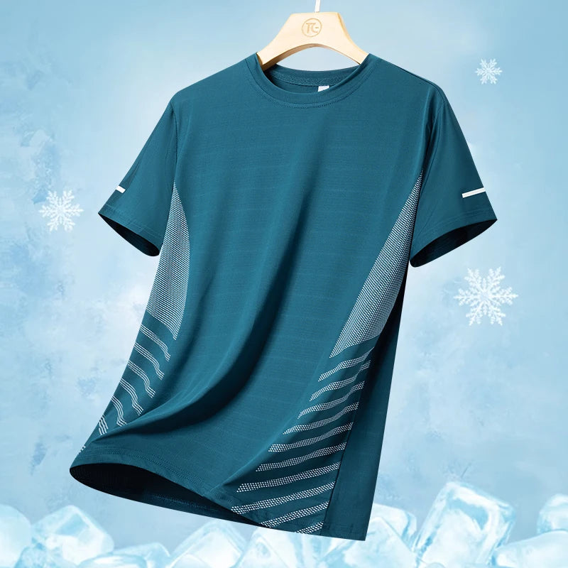Running T-shirt Men Summer Ice Silk Thin Top Reflective Printing Quick Dry Short Sleeve Breathable Fitness Sports T-shirt 5XL ATFH