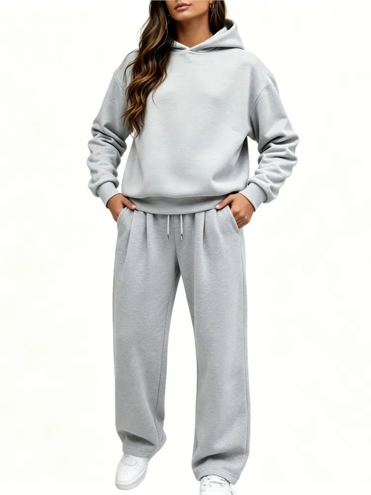 Casual Hooded Sweatshirt Set 2026 Autumn And Winter Solid Color Long Sleeved Women's Fashionable Loose Women's Top Two-piece Set