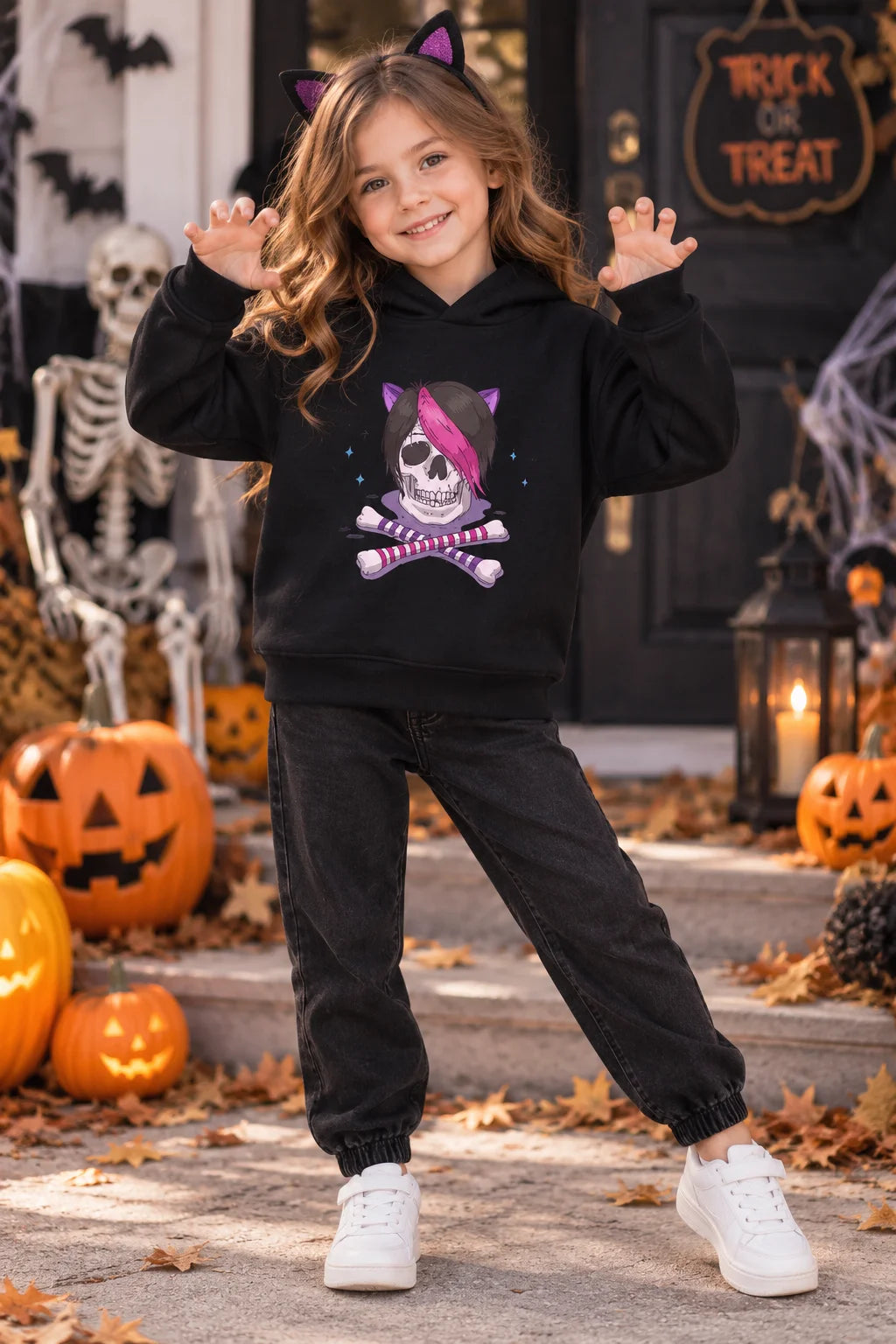 Kids Halloween Skeleton Hoodie Black Fleece Pullover Sweatshirt, Skull Graphic Hooded Top for Boys Girls, Fall Winter Casual Cos