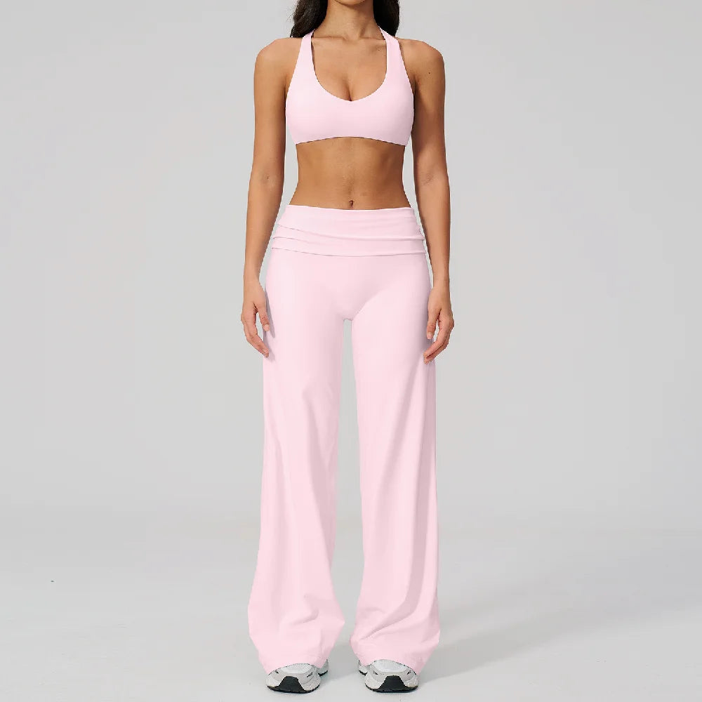 2PCS Fitness Suit Gym Tracksuits Deep V Yoga Bra Athletic Wear Female High Waist Workout Flared Pants Sports Set Yoga Clothes