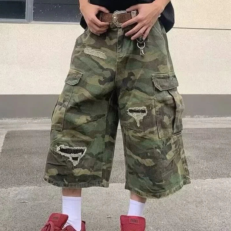 2025 Mens Camo Cargo Denim Shorts Distressed Straight Leg Casual Seven Inch Shorts Y2K Streetwear Vintage Loose Fit Summer Fashi ATFH