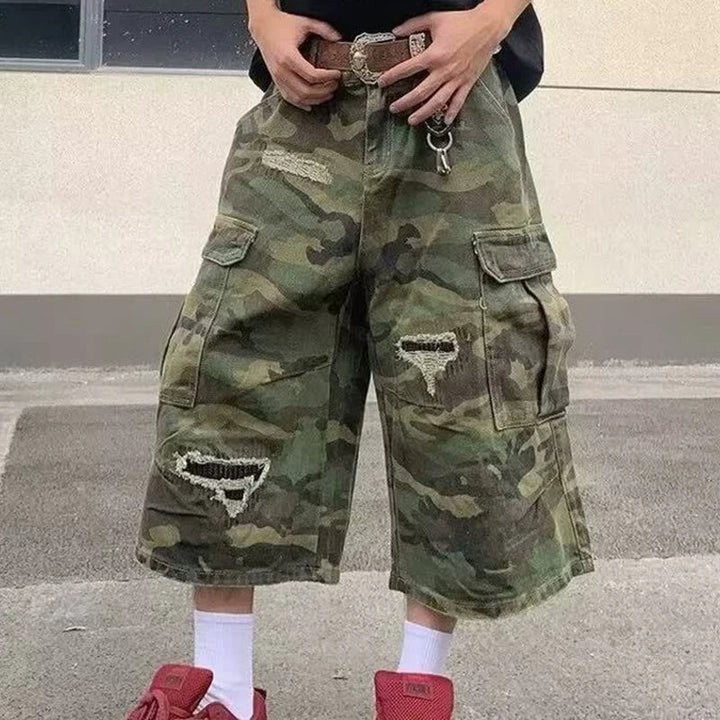 2025 Mens Camo Cargo Denim Shorts Distressed Straight Leg Casual Seven Inch Shorts Y2K Streetwear Vintage Loose Fit Summer Fashi ATFH