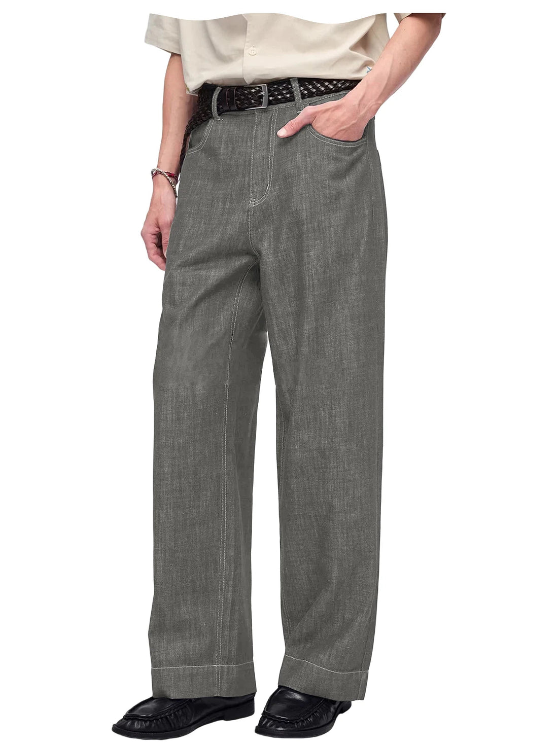 Retro Men's High Waist Wide Leg Jeans Loose Fit Denim Pants Breathable Casual Stretchy Heavyweight Cotton Y2K Baggy Trousers ATFH