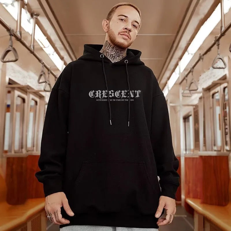 M-8XL American Style Street Crescent Print Oversized Hoodie Long-sleeve Loose Hoodie Student's Large Soft Velvet Hooded Sweater - ATFH