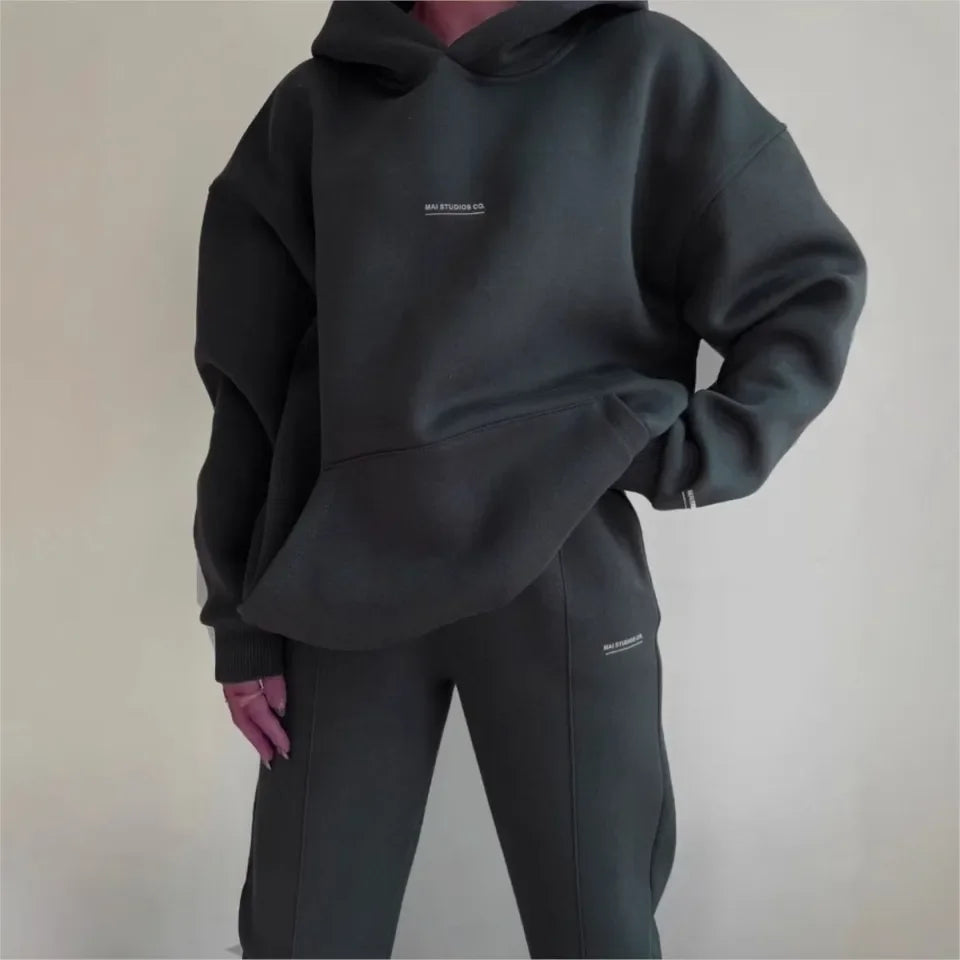Women's Casual Hooded Sweatshirt Trousers 2 Piece Set Plus Velvet Warm Fashion Pocket Printed Letters Sports Ladies Trousers Set ATFH