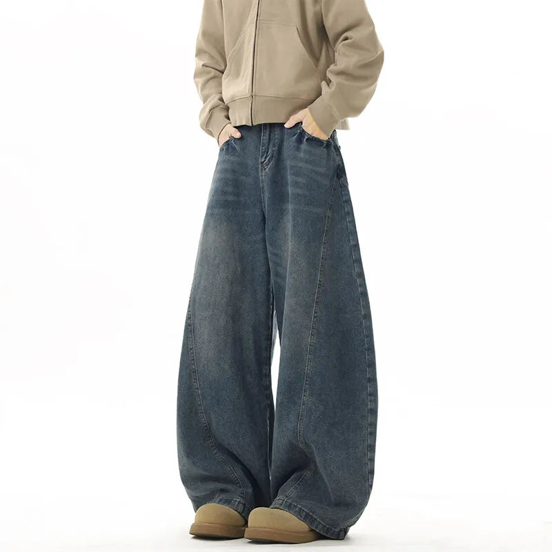Wide Leg Jeans Men Denim Dark Blue Floor Sweeping Baggy Trousers Street Dance Hip Hop Unisex Urban Fashion Urban Streetwear ATFH