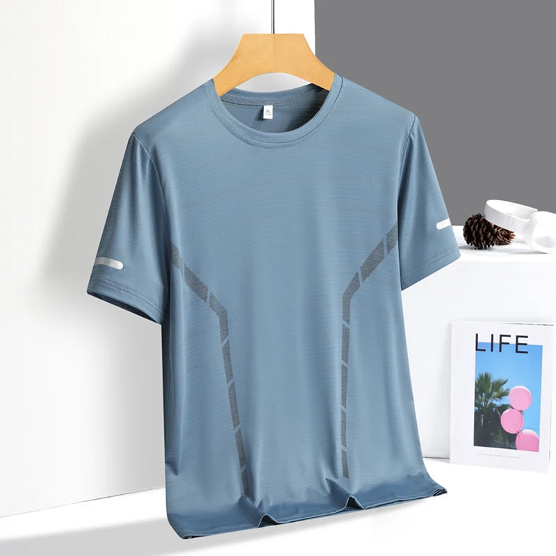 Running T-shirt Men Summer Ice Silk Thin Top Reflective Printing Quick Dry Short Sleeve Breathable Fitness Sports T-shirt 5XL ATFH