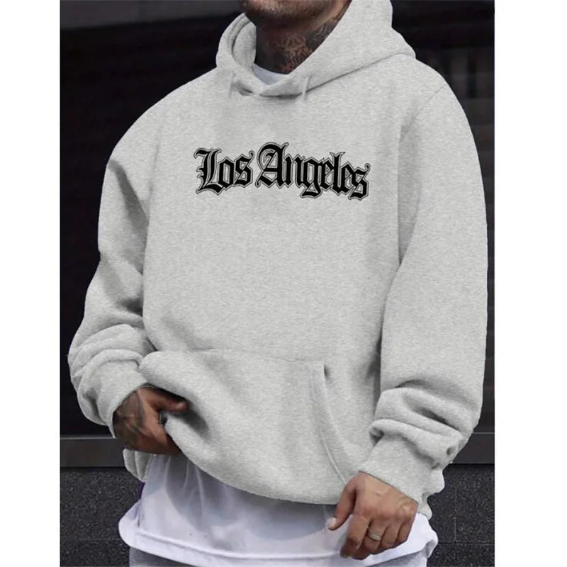 Men's autumn and winter casual fashion loose hoodie Los Angeles letter printed long sleeved warm pullover sweater - ATFH