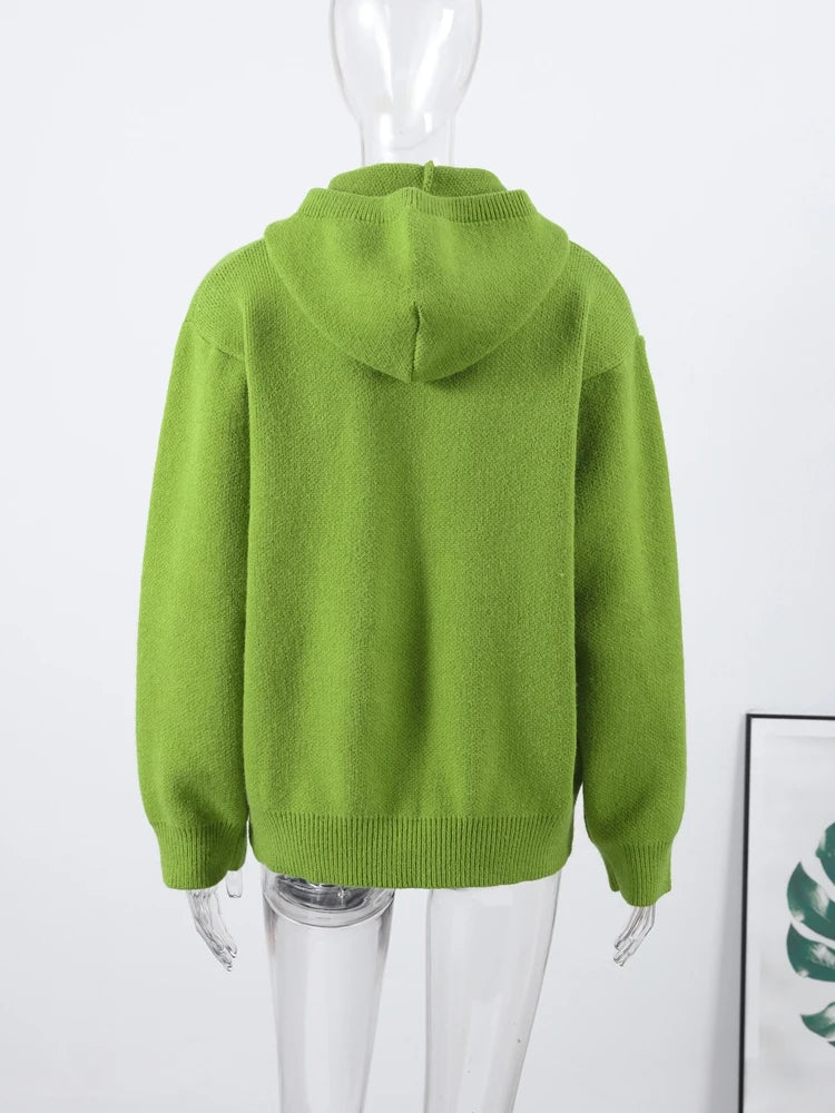 Fashion Green Knit Hooded Sweater Women Loose Long Sleeve Pocket Female Sweaters 2025 Autumn Winter New Lady Warm Pullovers - ATFH