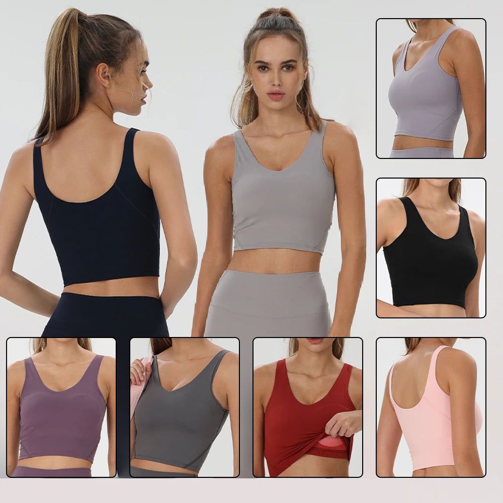 Women's Seamless U Neck Yoga Crop Top - Buttery Soft Ultra-Stretch Fitness Vest with Racerback & Removable Pads - ATFH