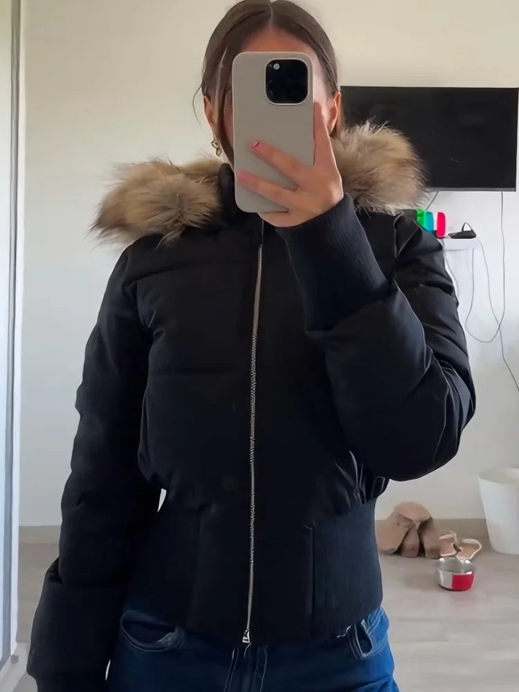 Fashion Faux Fur Hooded Cotton Jacket For Women Elegant Long Sleeve Zipper Coat Female 2026 Autumn Winter Warm Thicken Outerwear