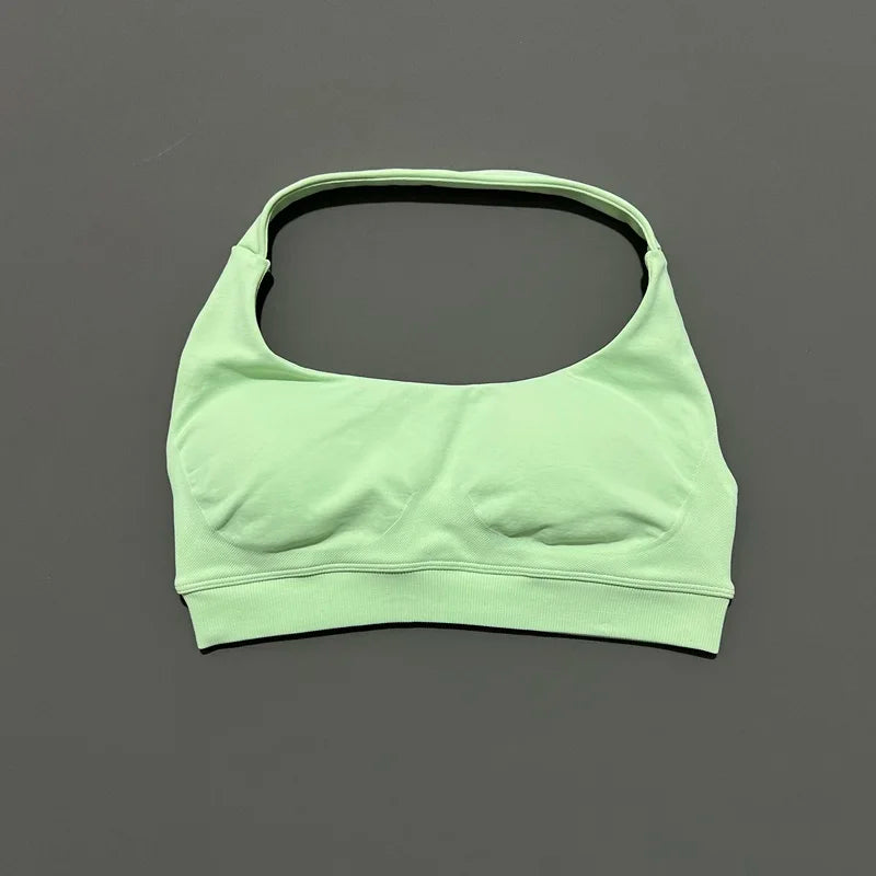 Histello Sports Bra Women Seamless Halter Clothes Neck Strap Padded Yoga Top Gym Backless Bra Running Sportswear Workout Tops - ATFH