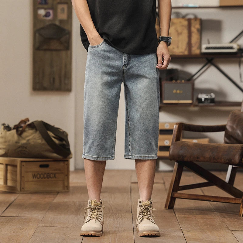 2025 New American retro cropped men wide leg jeans Y2k Gothic washed loose straight casual couple shorts sweatpants ATFH