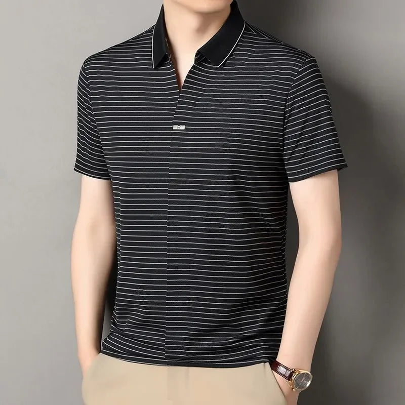 Ice Silk Short-sleeved Striped Men's T-shirt Summer New Lapel POLO Shirt Casual Fashion Top