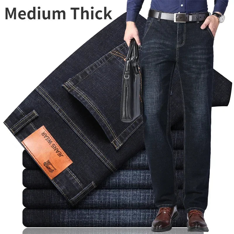 2024 Brand Thin or Thick Material Men's Elastic Cotton Jeans Fashion Gray Comfortable Denim Business Casual High Waist Pants ATFH